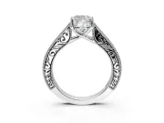 Solitaire Engagement Ring Setting for Cushion Cut Center with Engraved Pave Band and Prong Head in White Gold