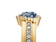 Halo Engagement Ring Setting for Fancy Blue Heart-Shaped Center with Wide Band, Inlaid Accent Row and Prong Head in Yellow Gold