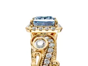 Milgrain Halo Engagement Ring Setting for Fancy Blue Princess Cut Center with Shoulder Bezels and Prong Head in Yellow Gold