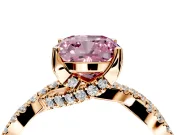 Solitaire Engagement Ring Setting for Fancy Pink Cushion Cut Center with Narrow Twist Pave Band and Prong Head in Rose Gold