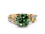 Leaf Motif Engagement Ring Setting for Fancy Green Round Cut Center with Pave Band and Prong Head in Yellow Gold
