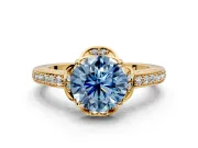 Floral Engagement Ring Setting for Fancy Blue Round Cut Center with Four Accent Clusters and Prong Head in Yellow Gold