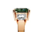 3 Stone Engagement Ring Setting for Fancy Green Emerald Cut Center with Matching Side Accents and Prong Head in Rose Gold
