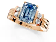 Solitaire Engagement Ring Setting for Fancy Blue Emerald Cut Center with Grooved Bar Accent Band and Prong Head in Rose Gold