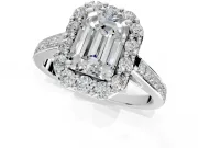 Floral Halo Engagement Ring Setting for Emerald Cut Center with Large Halo Accents and Prong Head in White Gold