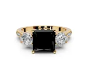 3 Stone Engagement Ring Setting for Fancy Black Princess Cut Center with Crossover Basket, Pave Band and Prong Head in Yellow Gold