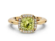Halo Engagement Ring Setting for Fancy Yellow Cushion Cut Center with Tapered Plain Band and Prong Head in Yellow Gold