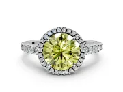 Accent Halo Engagement Ring Setting for Fancy Yellow Round Cut Center with Full-Length Pave Band and Prong Head in Platinum