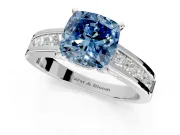 Solitaire Engagement Ring Setting for Fancy Blue Cushion Cut Center with Princess Cut Channel Band and Prong Head in White Gold