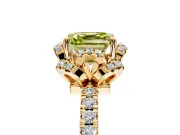 Halo Engagement Ring Setting for Fancy Yellow Asscher Cut Center with Openwork Halo, Pave Band and Prong Head in Yellow Gold