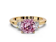 3 Stone Engagement Ring Setting for Fancy Pink Cushion Cut Center with Wide Plain Band and Prong Head in Yellow Gold