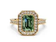 Halo Engagement Ring Setting for Fancy Green Emerald Cut Center with Milgrain Pave Band and Bezel Head in Yellow Gold
