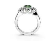 3 Stone Engagement Ring Setting for Fancy Green Cushion Cut Center with Raised Basket Heads and Prong Head in Sterling Silver