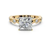 Solitaire Engagement Ring Setting for Princess Cut Center with Beaded Bezel Station Band and Prong Head in Yellow Gold