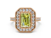 Halo Engagement Ring Setting for Fancy Yellow Emerald Cut Center with Milgrain Frame, Pave Band and Prong Head in Rose Gold