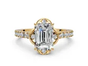Floral Engagement Ring Setting for Emerald Cut Center with Pave Band and Floral Prong Head in Yellow Gold
