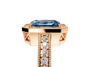 Milgrain Halo Engagement Ring Setting for Fancy Blue Emerald Cut Center with Wide Pave Band and Prong Head in Rose Gold