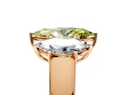 3 Stone Engagement Ring Setting for Fancy Yellow Marquise Center with Raised Basket Heads and Prong Head in Rose Gold