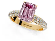 Solitaire Engagement Ring Setting for Fancy Pink Emerald Cut Center with Domed Multi-Row Pave Band and Prong Head in Yellow Gold