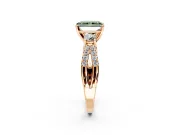 3 Stone Engagement Ring Setting for Fancy Green Radiant Cut Center with Pave Split Shank and Prong Head in Rose Gold