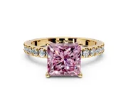 Solitaire Engagement Ring Setting for Fancy Pink Princess Cut Center with Fine Pave Band and Claw Prong Head in Yellow Gold