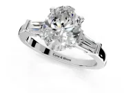 3 Stone Engagement Ring Setting for Oval Center with Channel Baguette Accents and Prong Head in Platinum
