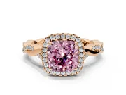 Halo Engagement Ring Setting for Fancy Pink Cushion Cut Center with Twist Band and Prong Head in Rose Gold