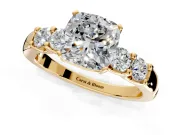 5 Stone Engagement Ring Setting for Cushion Cut Center with Plain Band and Prong Head in Yellow Gold