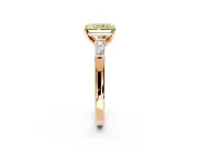 3 Stone Engagement Ring Setting for Fancy Yellow Radiant Cut Center with Tapered Baguettes, Plain Band and Prong Head in Rose Gold