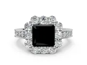 Halo Engagement Ring Setting for Fancy Black Princess Cut Center with Milgrain Channel Band and Prong Head in Sterling Silver