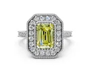 Halo Engagement Ring Setting for Fancy Yellow Emerald Cut Center with Milgrain Frame, Pave Band and Prong Head in Platinum