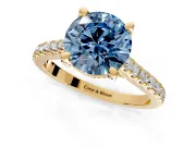 Solitaire Engagement Ring Setting for Fancy Blue Round Cut Center with Widening Pave Band and Claw Prong Head in Yellow Gold