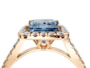 Halo Engagement Ring Setting for Fancy Blue Princess Cut Center with Raised Halo, Pave Band and Prong Head in Rose Gold