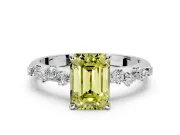 Cluster Engagement Ring Setting for Fancy Yellow Emerald Cut Center with Round Cut Accent Band and Prong Head in White Gold