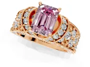 Pave Engagement Ring Setting for Fancy Pink Emerald Cut Center with Curved Accent Rows, Openwork and Prong Head in Rose Gold