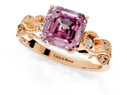 Leaf Engagement Ring Setting for Fancy Pink Asscher Cut Center with Milgrain Accent Band and Prong Head in Rose Gold