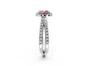 Halo Engagement Ring Setting for Fancy Pink Cushion Cut Center with Double Pave Split Shank and Prong Head in Sterling Silver