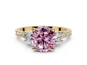 3 Stone Engagement Ring Setting for Fancy Pink Round Cut Center with Round Cut Side Accents and Prong Head in Yellow Gold