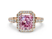 Halo Engagement Ring Setting for Fancy Pink Radiant Cut Center with Heart-Shaped Openwork, Pave Band and Prong Head in Rose Gold