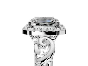 Halo Engagement Ring Setting for Emerald Cut Center with Open Scroll Shoulders and Prong Head in Sterling Silver