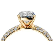 Solitaire Engagement Ring Setting for Emerald Cut Center with Domed Multi-Row Pave Band and Prong Head in Yellow Gold