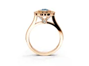 Halo Engagement Ring Setting for Fancy Blue Pear-Shaped Center with Milgrain Frame, Pave Band and Prong Head in Rose Gold