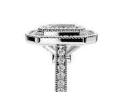 Halo Engagement Ring Setting for Emerald Cut Center with Milgrain Frame, Pave Band and Prong Head in White Gold