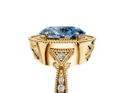 Halo Engagement Ring Setting for Fancy Blue Oval Center with Milgrain Rim, Pave Band and Prong Head in Yellow Gold