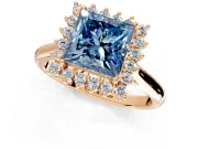 Starburst Halo Engagement Ring Setting for Fancy Blue Princess Cut Center with Thin Round-Wire Band and Prong Head in Rose Gold