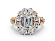Large Accent Halo Engagement Ring Setting for Emerald Cut Center with Pave Split Shank and Prong Head in Rose Gold