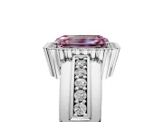 Halo Engagement Ring Setting for Fancy Pink Emerald Cut Center with Wide Band, Inlaid Accent Row and Prong Head in Platinum