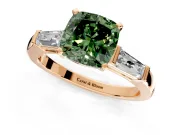 3 Stone Engagement Ring Setting for Fancy Green Cushion Cut Center with Tapered Baguettes, Plain Band and Prong Head in Rose Gold