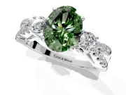 3 Stone Engagement Ring Setting for Fancy Green Oval Center with Pave Split Shank and Prong Head in Platinum