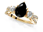 3 Stone Engagement Ring Setting for Fancy Black Pear-Shaped Center with Pave Split Shank and Prong Head in Yellow Gold